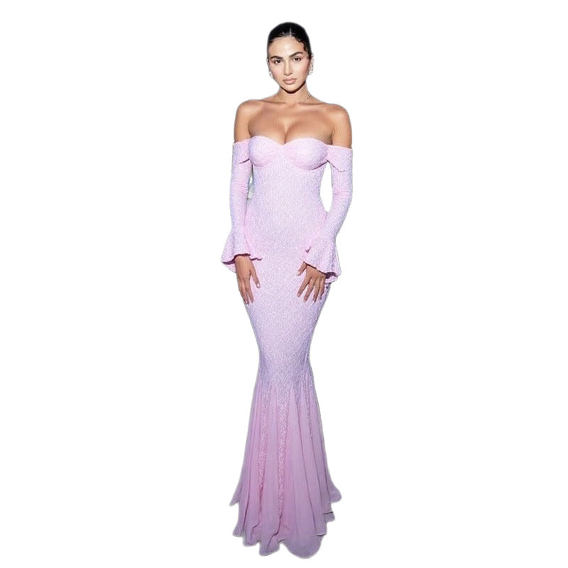 Off-Shoulder Lace Trim Mermaid Dress - Rimeen.com
