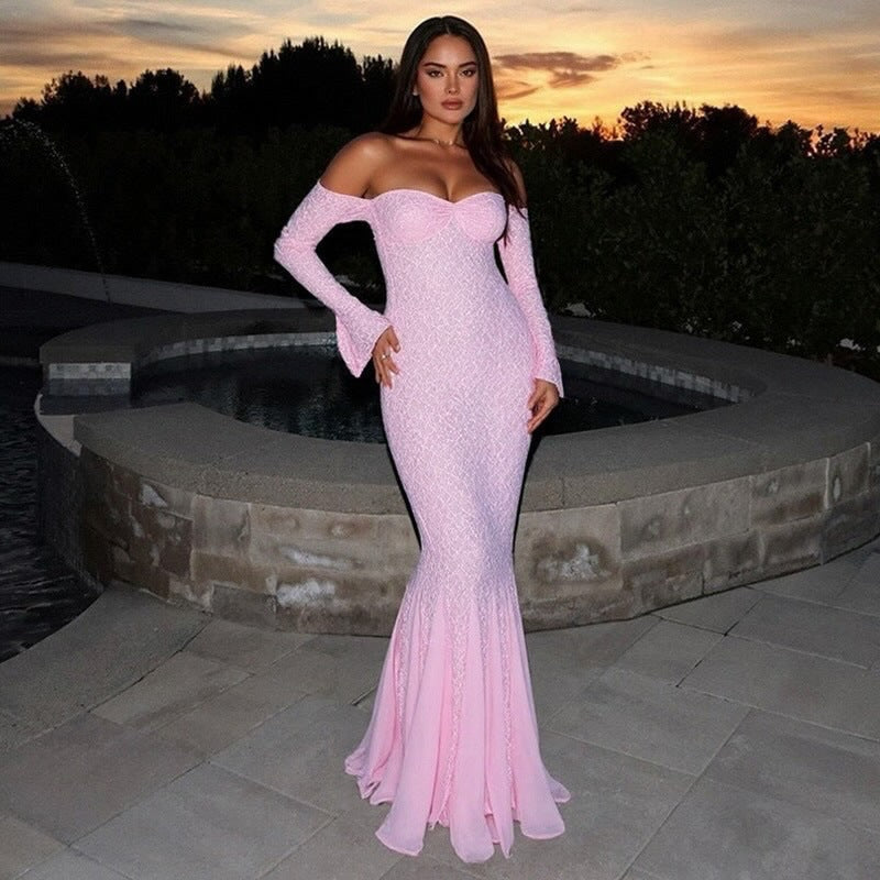 Off-Shoulder Lace Trim Mermaid Dress - Rimeen.com