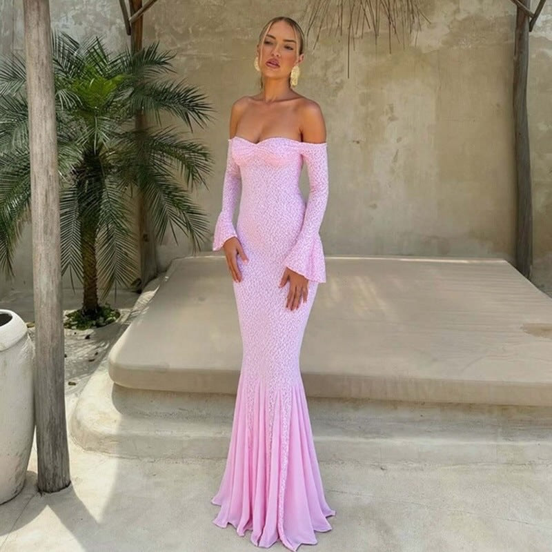 Off-Shoulder Lace Trim Mermaid Dress - Rimeen.com