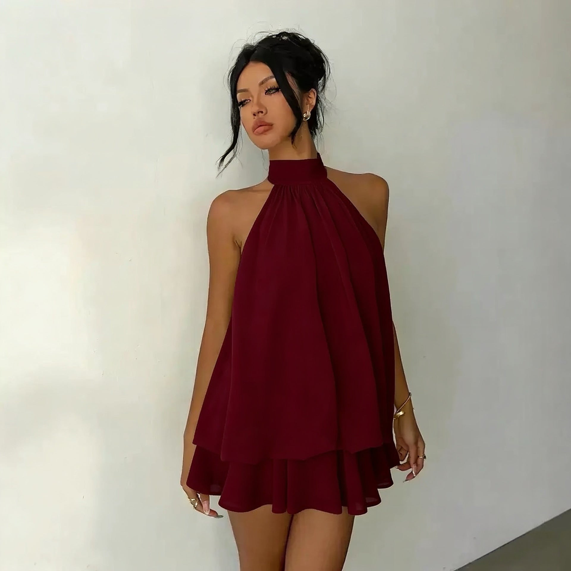 Women Halter Neck Chiffon A-Line Dress - Rimeen.com