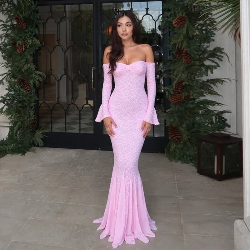 Off-Shoulder Lace Trim Mermaid Dress - Rimeen.com