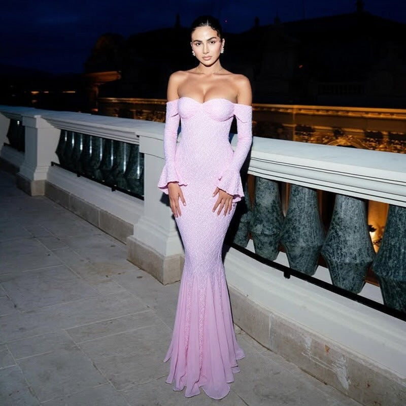Off-Shoulder Lace Trim Mermaid Dress - Rimeen.com